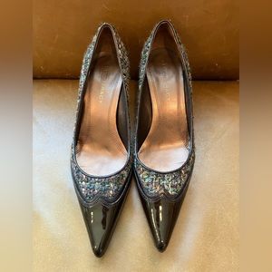 Ellen Tracy Patent and Tweed Pointed Toe Mules Multi-colored Heels Size 7.5M